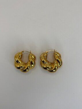 Vintage 90s Gold Tone Chunky Puff Twisted Hoop Earrings Croissant Style